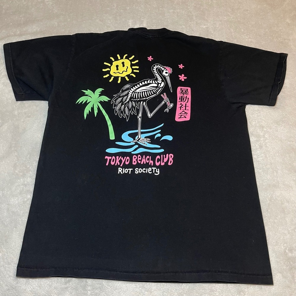 Riot Society T-Shirt Mens Large Black Tokyo Beach Club Skeleton Crane Graphic